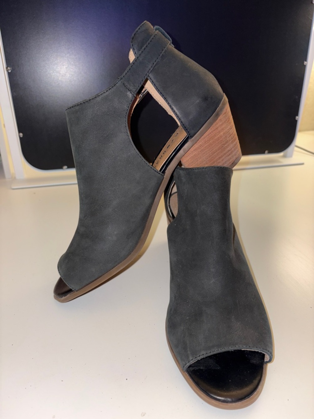 Lucky Brand Black Suede Open-Toe Cutout Heeled Booties